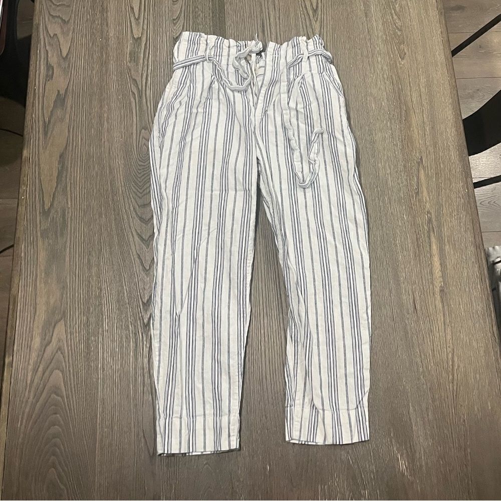 Madewell Linen Cotton Paperbag Pants White Blue Striped Size 4